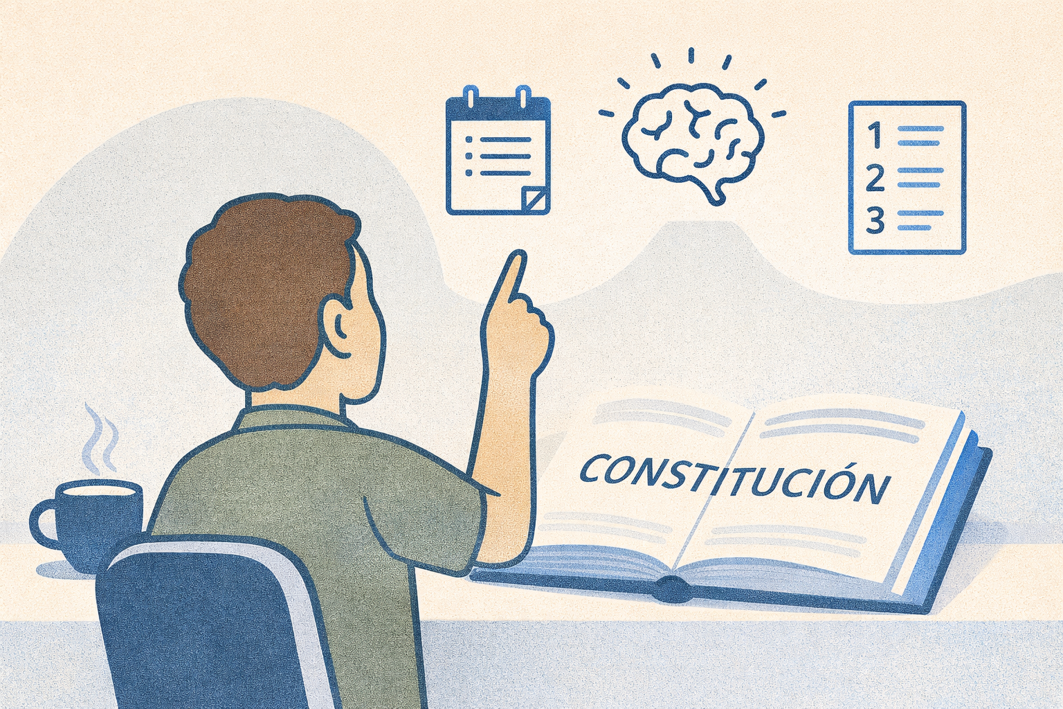 Opositor estudiando la Constitución con un calendario y un esquema de repaso